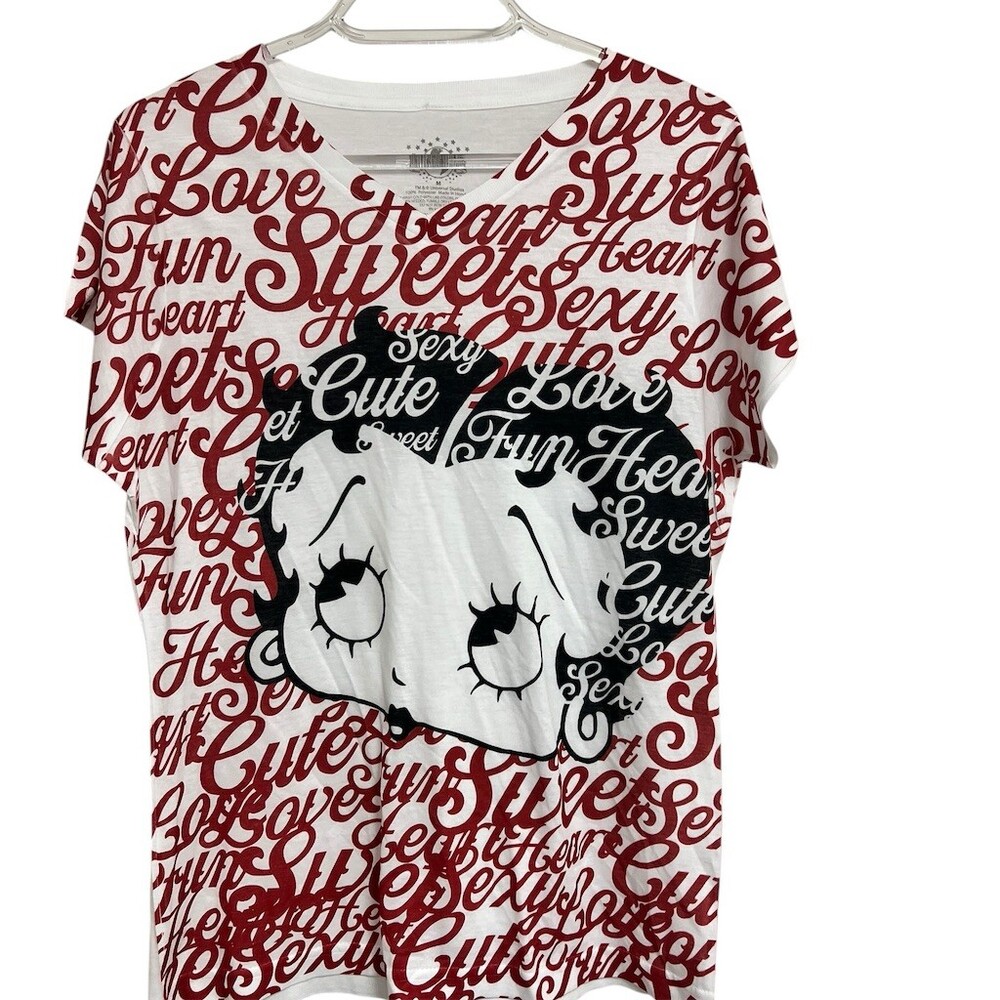 Betty Boop T-Shirt Womens Size M Red White Black Graphic V-Neck All Over